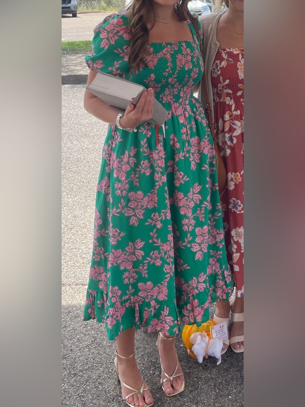 J. Crew Green Maxi Dress with Pink Floral Print